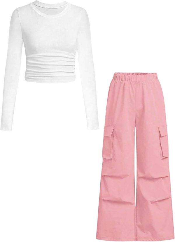 Girls Clothes 2 Piece Outfit Ribbed T-Shirt Top + Cargo Pants, Girls Fall Clothing Set, Sizes 5-12 Years