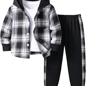 Toddler Boy Clothes Plaid Hooded Shirt - 2 Piece Outfit: Button Front Toddler Hoodie & Sweatpants Set (3~7 years)