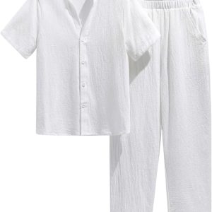 Boy's 2 Piece Clothing Sets Button Down Collar Neck Shirt and Elastic Waist Pants Set