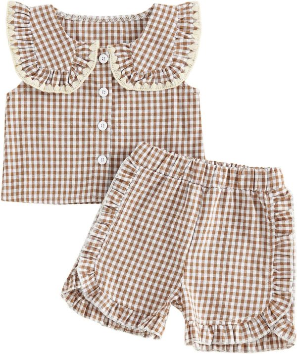 Baby Girls Summer Outfit Doll Collar Sleeveless Vest Tops Plaid Print Elastic Waist Shorts Set Gingham Toddler Clothes